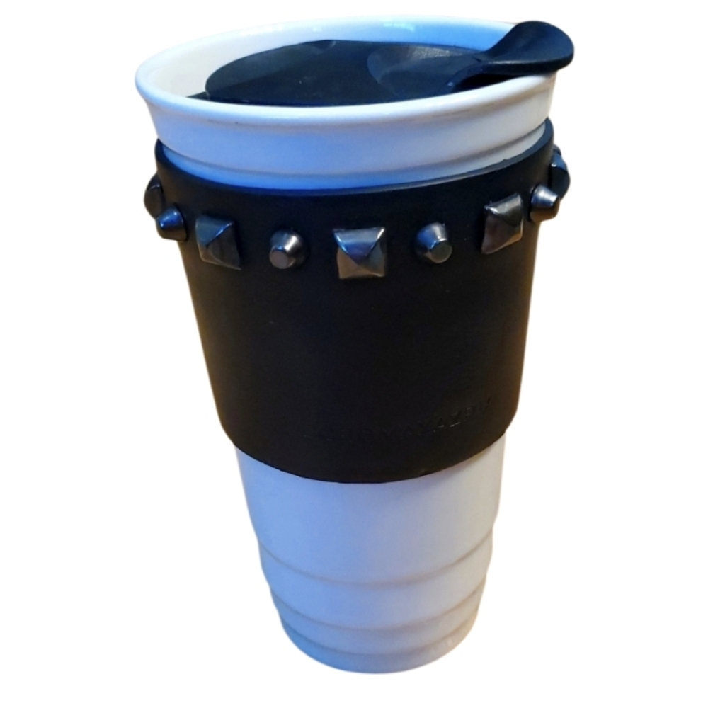 BCBGMAXAZRIA White Ceramic Travel Mug‎ with Black Studded Leather Sleeve